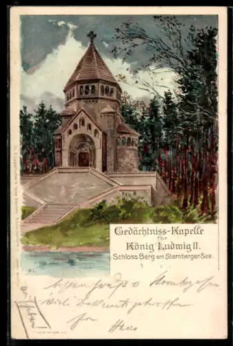 Künstler-AK Berg, Gedächtniss-Kirche für König Ludwig 2., Schloss am Starnberger See