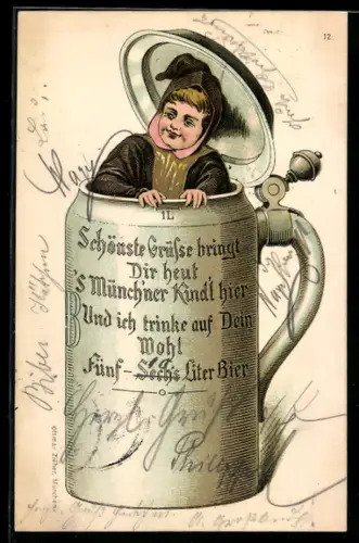 AK Münchner Kindl schaut aus Krug heraus