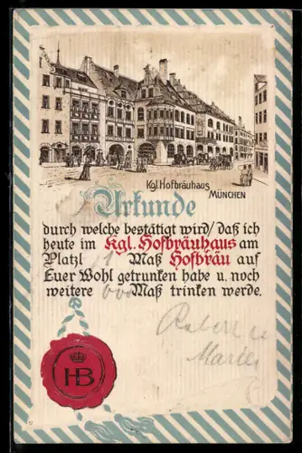 Lithographie Münchner Hofbräuhaus, Urkunde