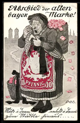 Künstler-AK P. O. Engelhard (P.O.E.): Abschied der alten bayrischen Marke, weinende alte Frau 10 Pfennig