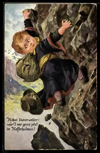 Künstler-AK Münchner Kindl beim Besteigen steiler Klippen