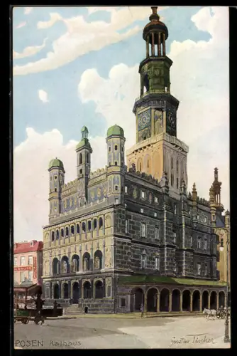 Künstler-AK Posen / Poznan, Strassenpartie am Rathaus