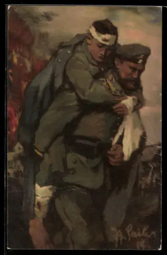 AK Soldat trägt verwundeten Kameraden auf dem Rücken, Rotes Kreuz