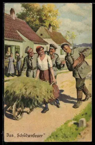 Künstler-AK Arthur Thiele unsign.: Das Schützenfeuer, Soldaten in Uniform flirten mit hübscher Bäuerin