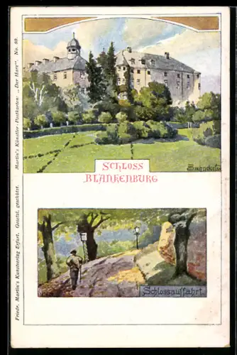 Künstler-AK H. Bahndorf: Bad Blankenburg, Schlossauffahrt und Totalansicht des Schloss Blankenburg