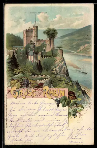 Lithographie Assmannshausen, Blick auf Schloss Rheinstein und den Rhein