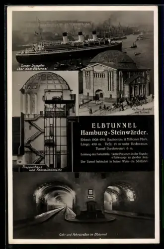 AK Hamburg-Steinwerder, Ocean-Dampfer über dem Elbtunnel, Treppenhaus & Fahrstuhlschacht