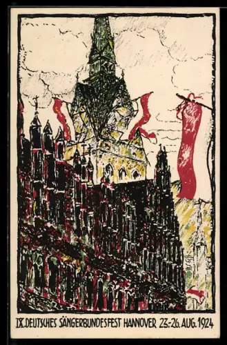 Künstler-AK Hannover, IX. Deutsches Sängerbundesfest 1924, Altes Rathaus und Marktkirche