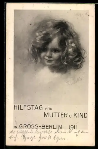 Künstler-AK Berlin, Hilfstag für Mutter und Kind 1911, kleines Mädchen mit Locken