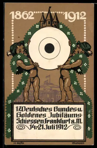 AK Frankfurt a. Main, 17. Deutsches Bundes- u. Goldenes Jubiläums-Schiessen 1912, Nackte Knaben mit Zielscheibe