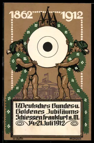 AK Frankfurt a. Main, 17. Deutsches Bundes- u. Goldenes Jubiläums-Schiessen 1912, Nackte Knaben mit Zielscheibe