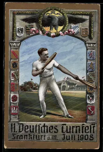 AK Deutsches Turnfest Frankfurt 1908, Sportler beim Wurf, Wappen und Reichsadler
