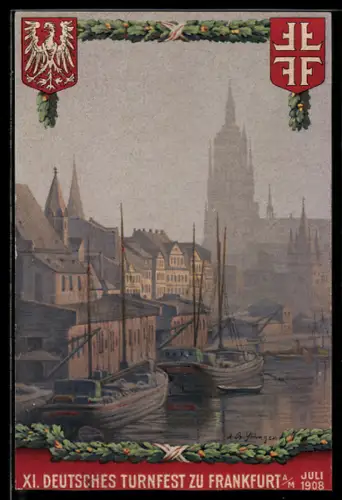 Künstler-AK Frankfurt a/M, XI. Deutsches Turnfest, Juli 1908, Hafenansicht