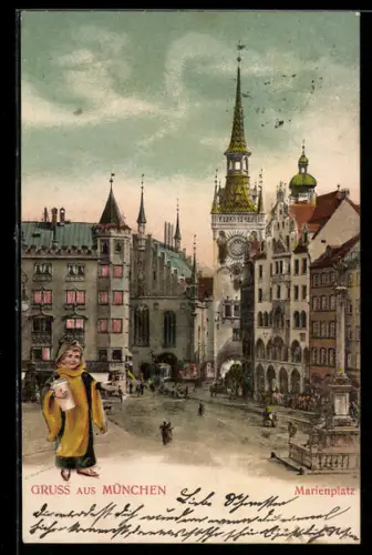 Künstler-AK München, Marienplatz, Münchner Kindl
