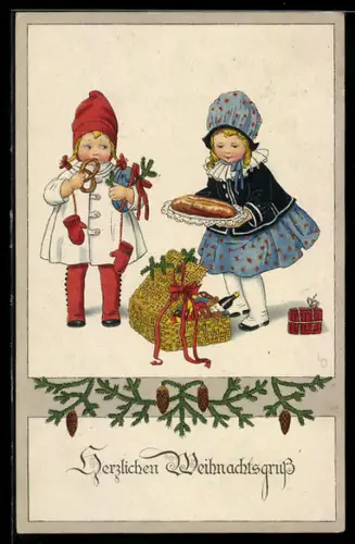 Künstler-AK Lia Döring: Mädchen packen einen Koffer mit Köstlichkeiten