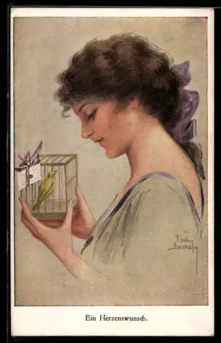 Künstler-AK Ruab Gnischaf: Ein Herzenswunsch, junge Frau mit Vogel