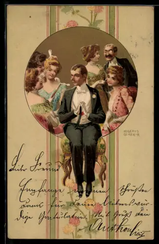 Künstler-AK Richard Hegedüs-Geiger: Junger Herr im Gespräch auf einem Fest