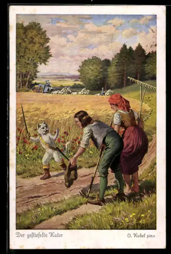 Künstler-AK Otto Kubel: Der gestiefelte Kater überredet die Bauern ihm behilflich zu sein