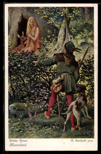 Künstler-AK Oskar Herrfurth: Marienkind, Brüder Grimm, Jäger sieht nacktes Mädchen mit Reh im Wald