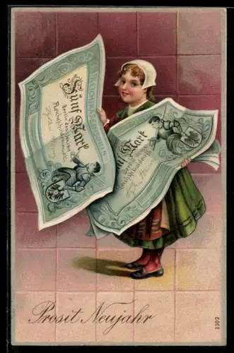 Lithographie Mädchen mit Geldscheinen