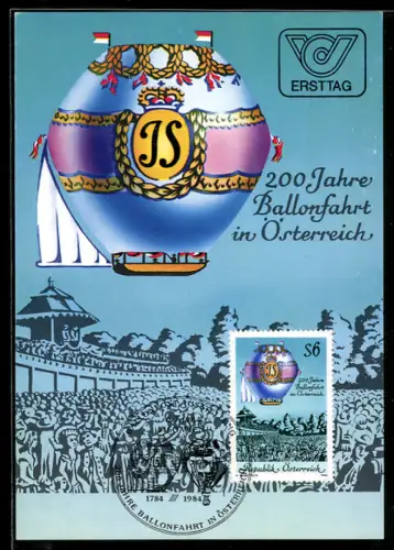 Maximum-AK 200 Jahre Ballonfahrt in Österreich, Darstellung des ersten bemannten Ballonaufstieges v. Johann Georg Stuwer