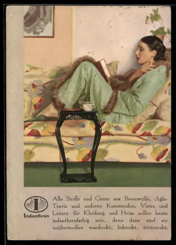 AK Indanthren, Dame mit Zigarette beim Lesen