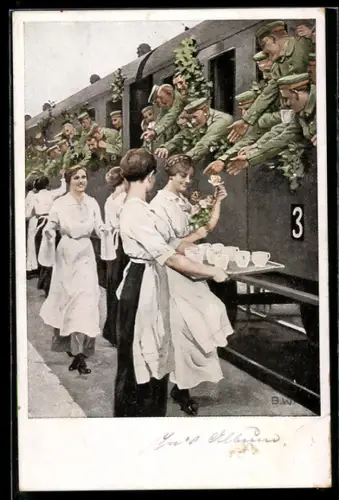 Künstler-AK Brynolf Wennerberg: Kriegspostkarten - Erfrischungstation, Dienstmädchen und Soldaten