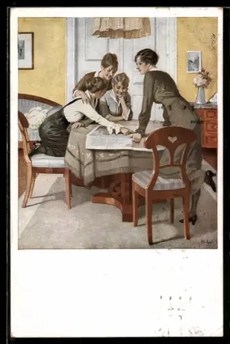 Künstler-AK Brynolf Wennerberg: Strategie, Frauen an der Landkarte diskutieren den Kriegsverlauf