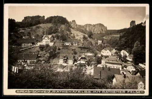 Foto-AK Walter Hahn, Dresden, Nr. 3873: Sächsische Schweiz, Rathe /Elbe mit Rathener Felsen