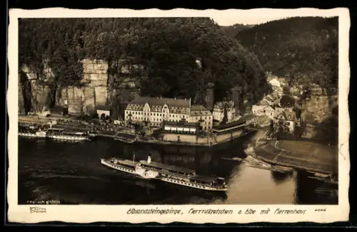 Foto-AK Walter Hahn, Dresden, Nr. 4046: Elbsandsteingebirge, Herrnskretschen an der Elbe mit Herrenhaus