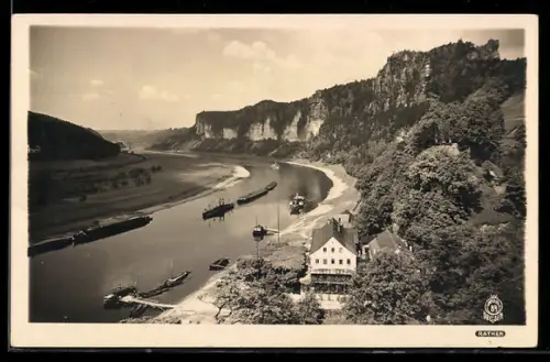 Foto-AK Walter Hahn, Dresden, Nr. 84: Rathen / Elbe, Ortspartie aus der Vogelschau