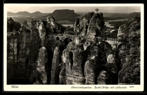 Foto-AK Walter Hahn, Dresden, NR 3205: Bastei-Brücke mit Lilienstein im Elbsandsteingebirge