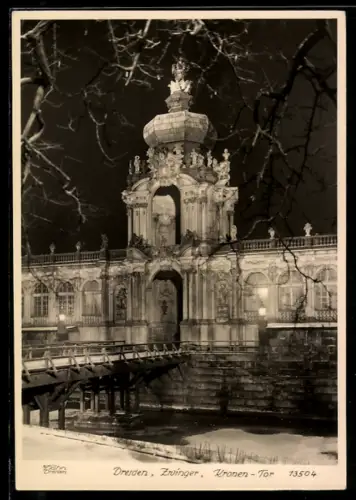 Foto-AK Walter Hahn, Dresden, Nr. 13504: Dresden, Zwinger mit Kronentor bei Nacht