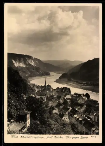 Foto-AK Walter Hahn, Dresden, NR: 10549: Elbsandsteingebirge, Stadt Wehlen, Blick gegen Bastei