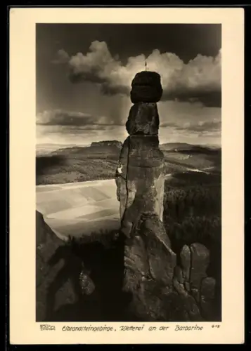 Foto-AK Walter Hahn, Dresden, NR: 615, Elbsandsteingebirge, Kletterer an der Barbarine