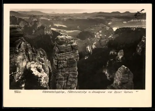 Foto-AK Walter Hahn, Dresden, NR: 41, Rathen, Höllenhundspitze mit Amselgrund, Elbsandsteingebirge