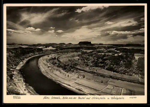 Foto-AK Walter Hahn, Dresden, Nr. 11570: Lilienstein und Königstein, gesehen von der Bastei aus