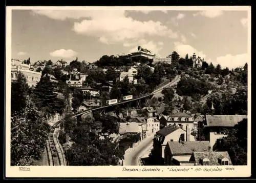 Foto-AK Walter Hahn, Dresden, Nr. 12754: Dresden-Weisser Hirsch, Totalansicht mit Gasthaus Luisenhof und Bergbahn