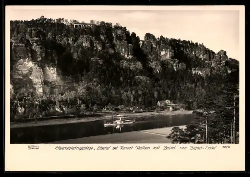 Foto-AK Walter Hahn, Dresden, Nr. 3878: Rathen, Elbetal mit Bastei und Bastei-Hotel