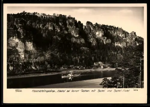 Foto-AK Walter Hahn, Dresden, Nr. 3878: Rathen, Blick auf Bastei und Bastei-Hotel