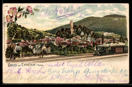 Lithographie Eppstein, Eisenbahn mit Ortsansicht