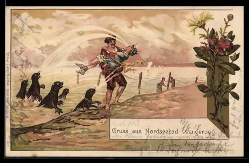 Lithographie Mann rettet Frau vor dem Ertrinken, Seehunde