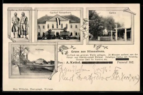 AK Süssenborn, Gasthof Süssenborn, Garten, Goethe- u. Schillerdenkmal