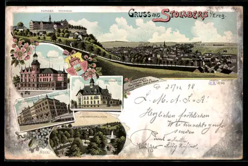 Lithographie Stollberg i. E., Schloss Hoheneck mit Teilansicht, Rathaus, Postgebäude