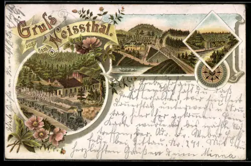 Lithographie Rosenthal, Gasthaus zum Neissthal, Eisenbahn