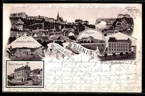 Vorläufer-Lithographie Leisnig, 1895, Realschule, Kaiserl. Postamt, Schloss mit Muldenthal