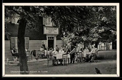 AK Rösrath, Oberschönrath, Restaurant zum Häuschen H. Lohmar, Gartenpartie mit Gästen und Kellner
