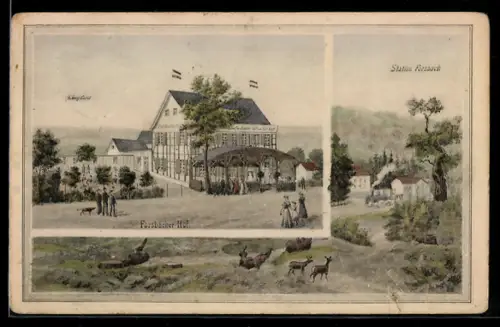 Künstler-AK Forsbach, Gasthaus z. Forsbacher Hof Karl Naaf m. Terrasse u. Garten, Station Forsbach, Eisenbahn