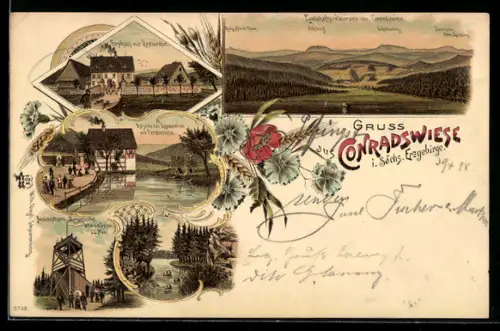 Lithographie Lauter, Forsthaus mit Restauration, Aussichtsturm Morgenleithe