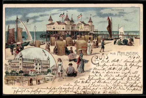 Lithographie Ahlbeck, Hotel Ahlbecker Hof, Strandpartie am Seesteg